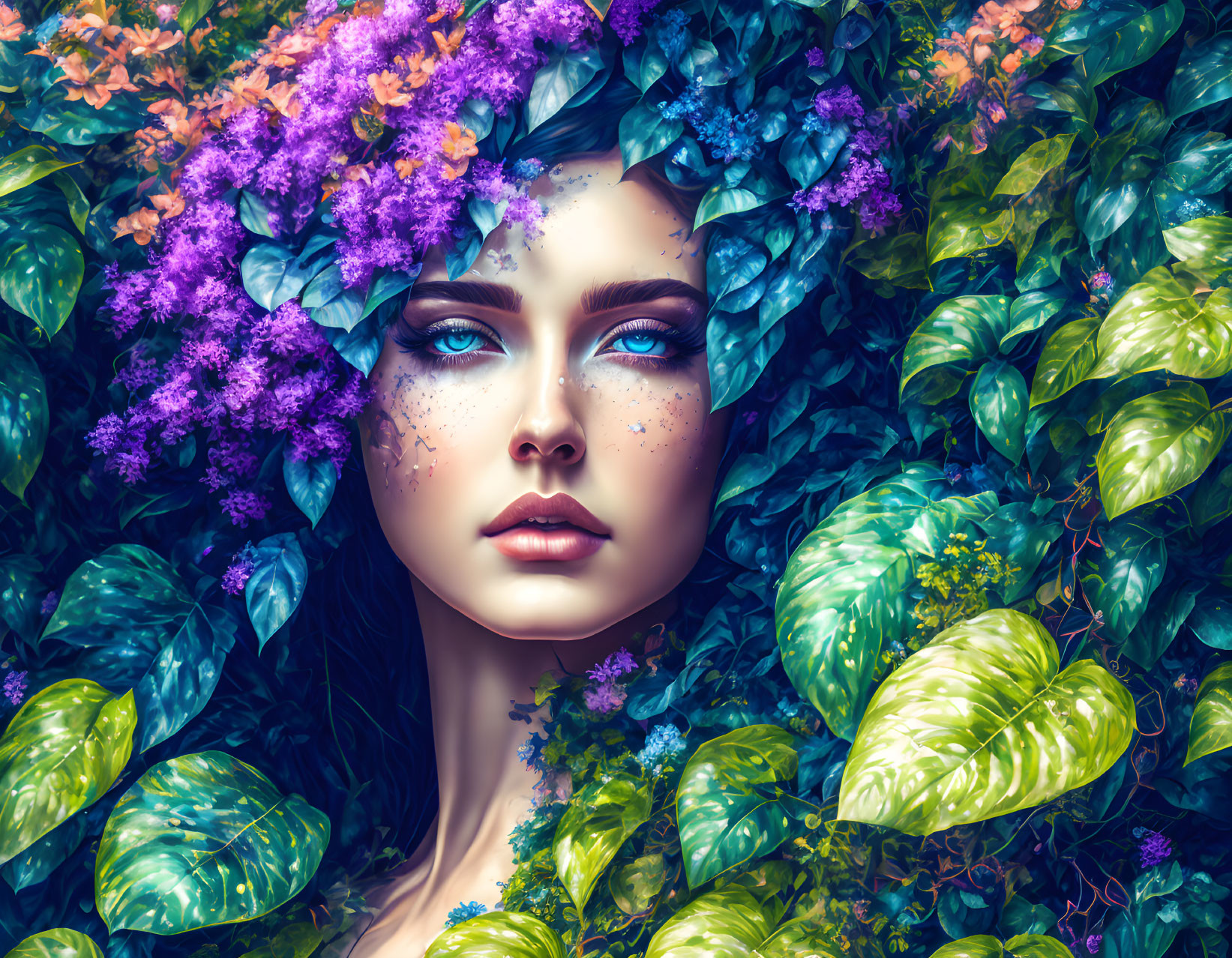 Surreal portrait of woman with purple flowers in her hair surrounded by lush green leaves