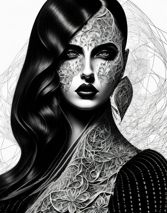 Monochrome image of woman with lace-like patterns, dramatic makeup, wavy hair, textured garment