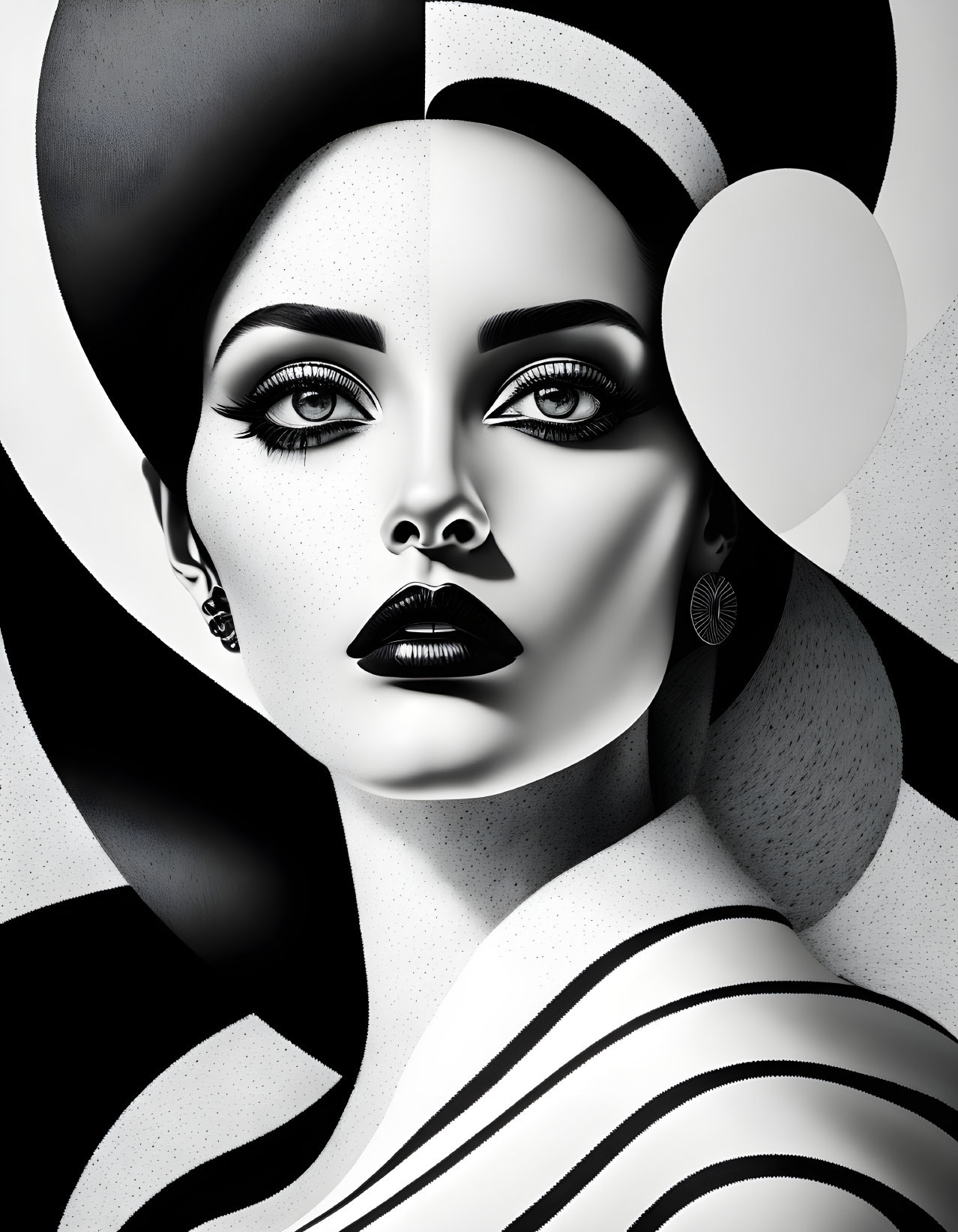 Monochromatic digital artwork of stylized woman with bold makeup