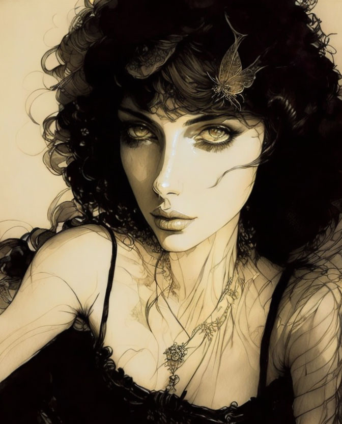 Sepia-toned portrait of woman with curly hair and butterfly detail