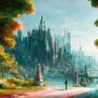 Futuristic cityscape with towering spires in lush sunset landscape