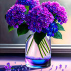 Stylized purple paper flowers in clear vase on soft purple backdrop