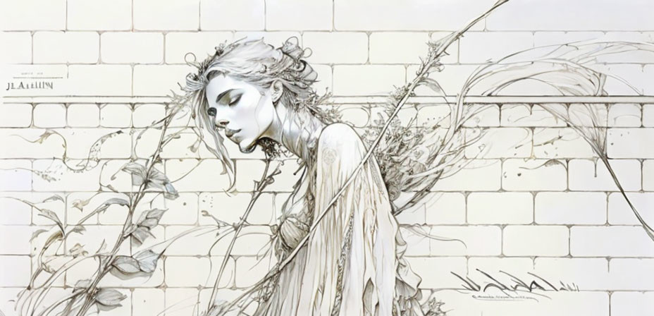 Monochrome mural of ethereal woman with floral hair on brick wall