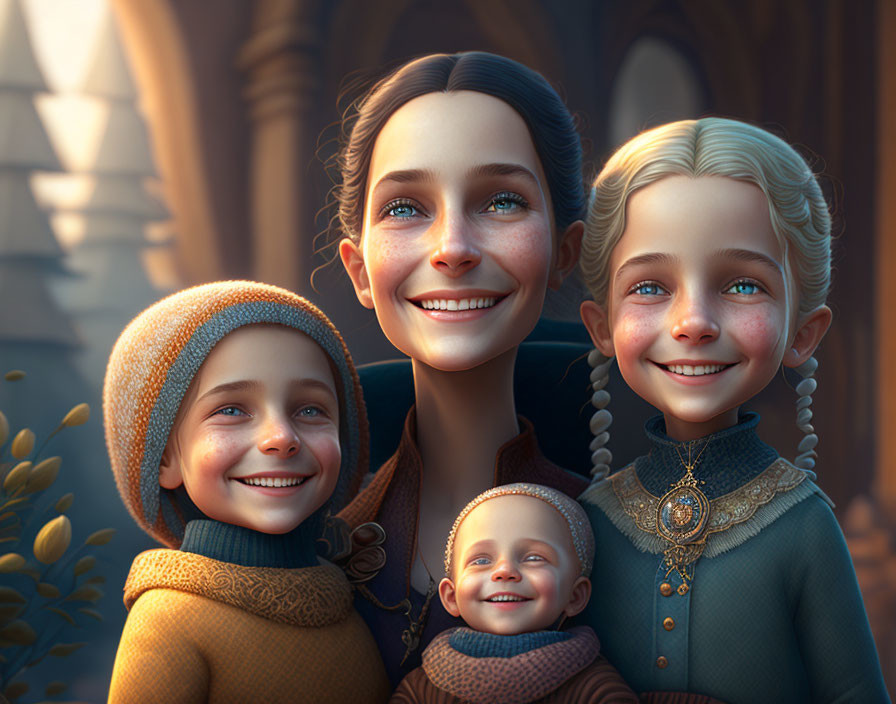 Smiling animated family portrait with two children and a baby in warm autumnal clothes