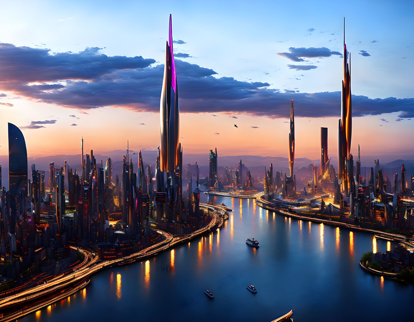 Futuristic cityscape with skyscrapers, river, roads, and flying vehicles at dusk