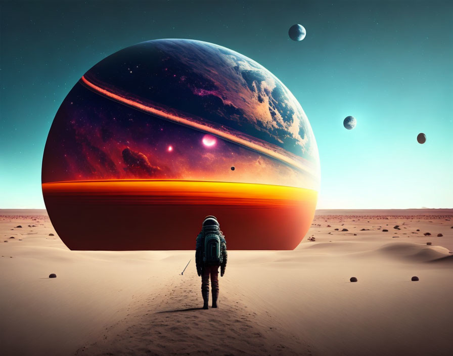 Astronaut walking towards surreal planet in desert landscape