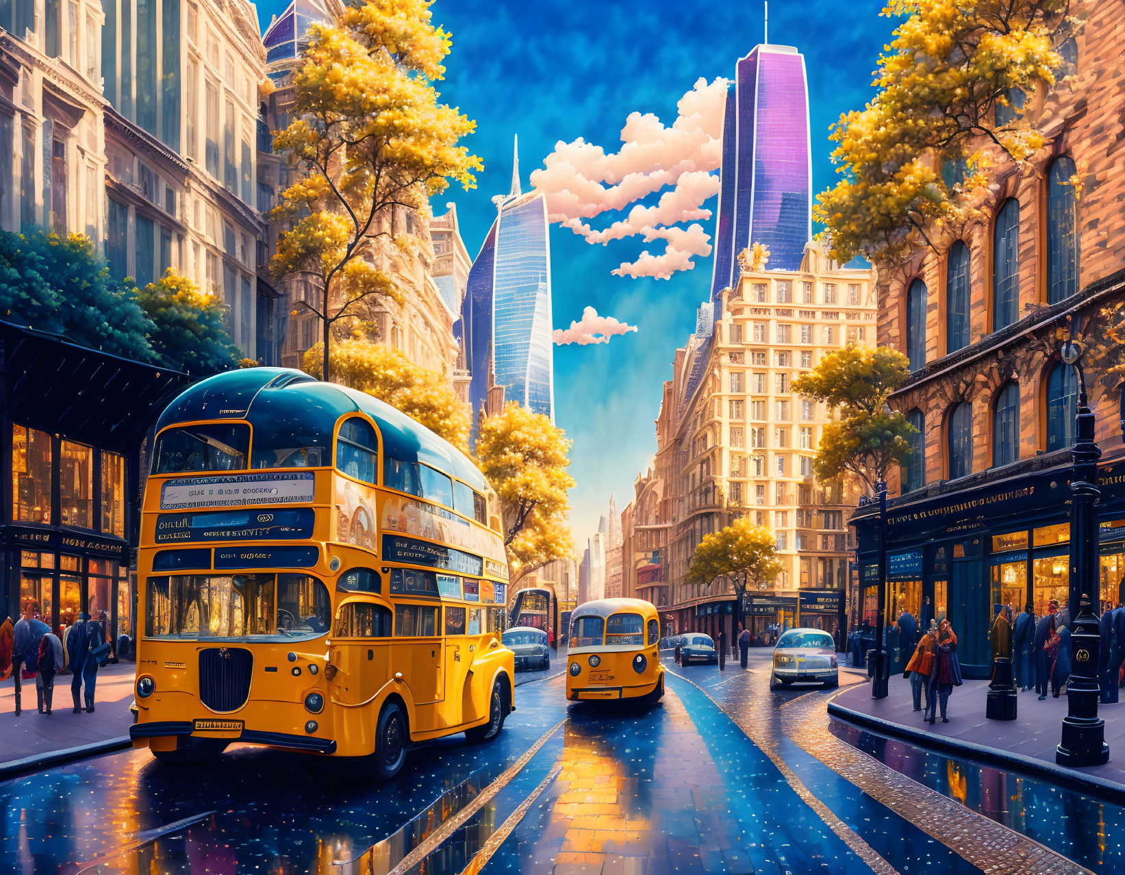 Vintage yellow buses, pedestrians, and classic architecture on vibrant city street