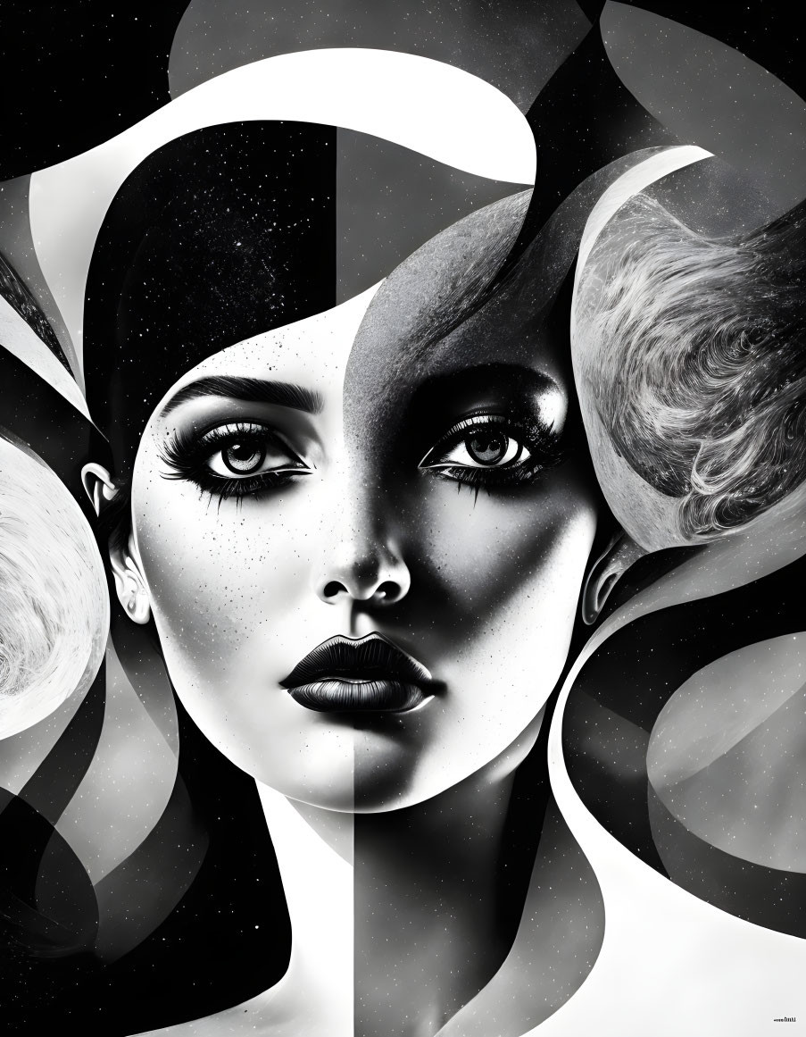 Monochromatic woman's face art with abstract cosmic design