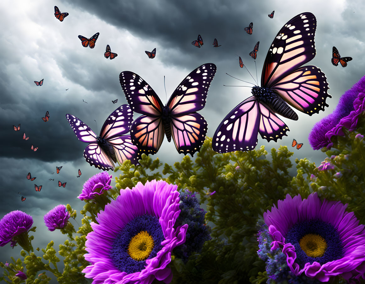 Colorful butterflies and purple flowers under dramatic cloudy sky