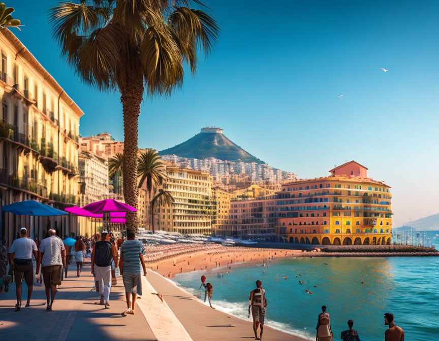 Vibrant beachside promenade with pedestrians, palm trees, purple umbrella, and hill.