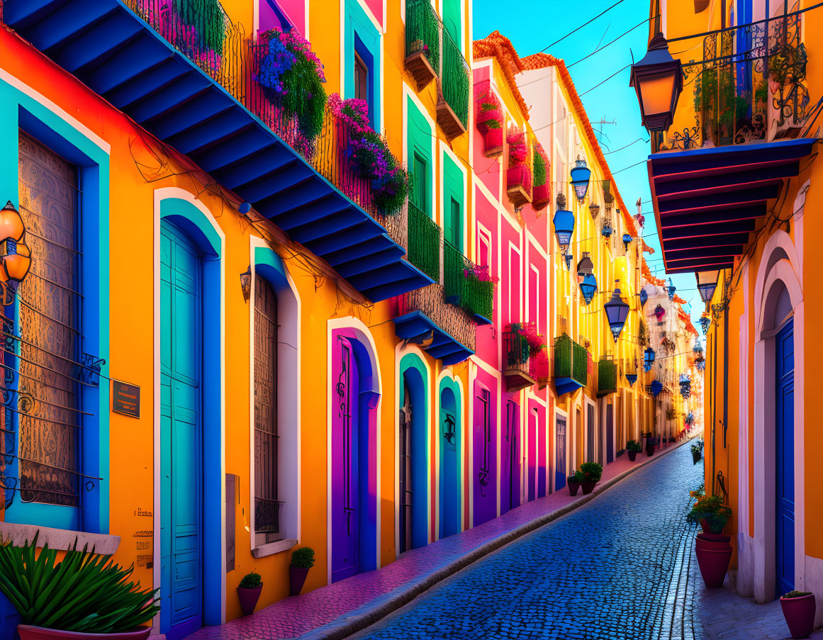 Colorful Houses and Flowering Balconies on Vibrant Street