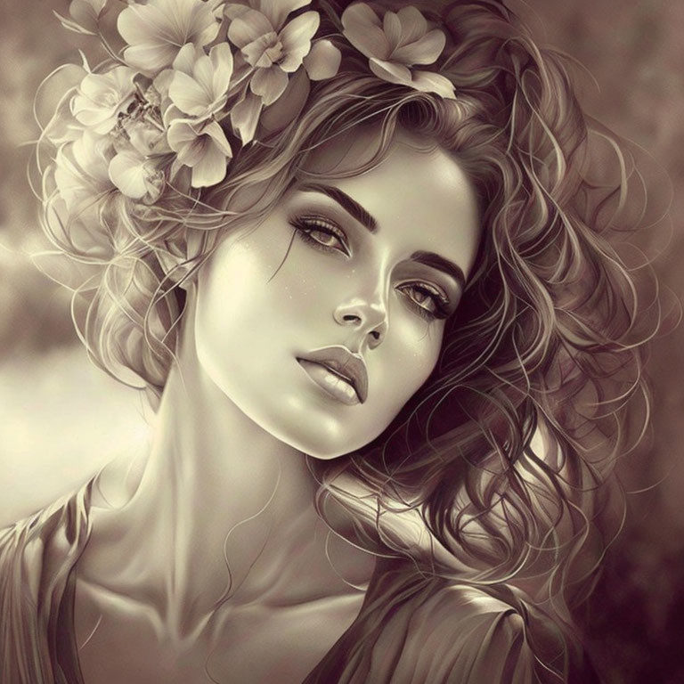 Sepia-toned portrait of woman with flowing hair and flowers, featuring delicate features.