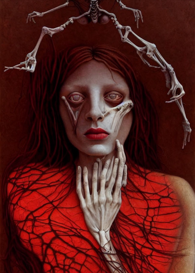 Red-haired woman with skeletal hands and web-like pattern on skin in somber expression.