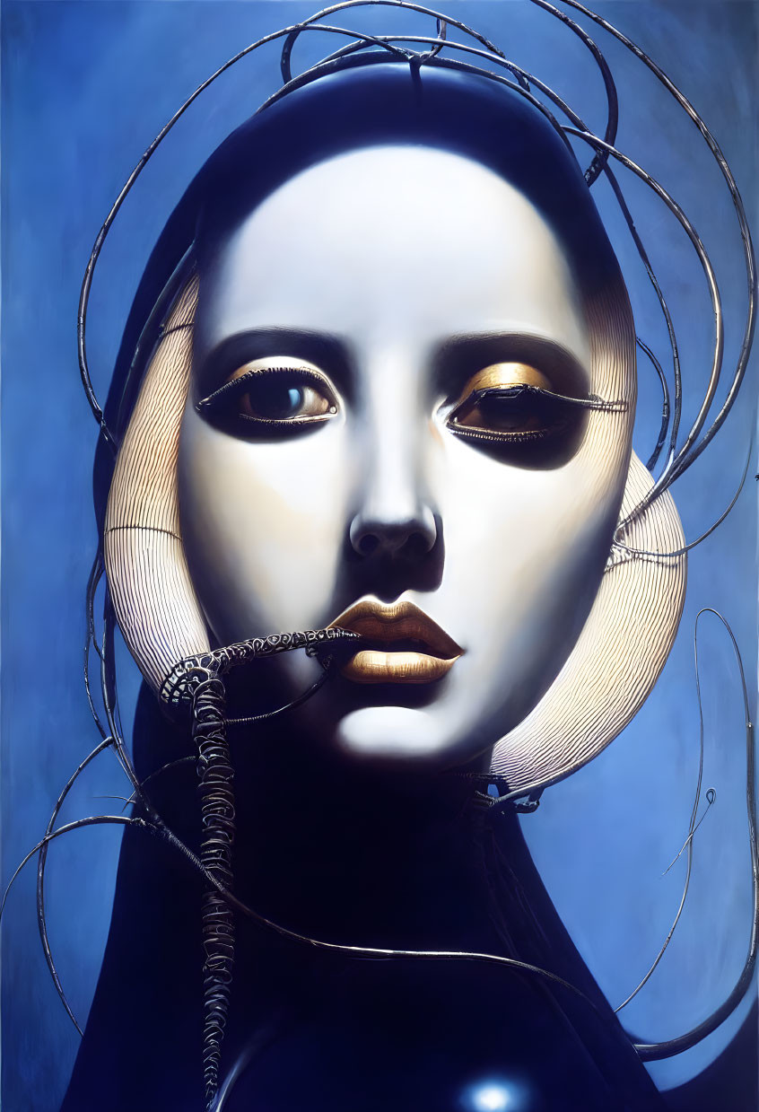 Surreal portrait of pale-skinned female with golden lips and eyes on blue background