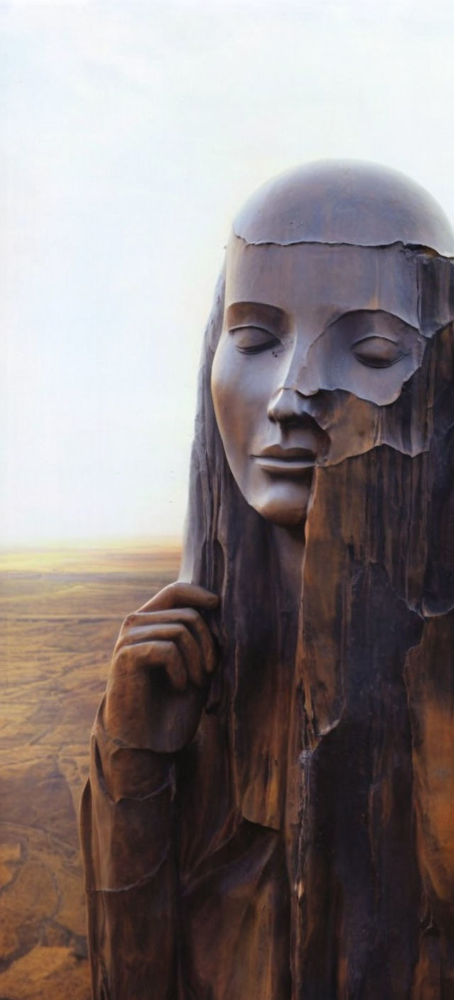 Surreal painting: Woman's face merges with desert landscape