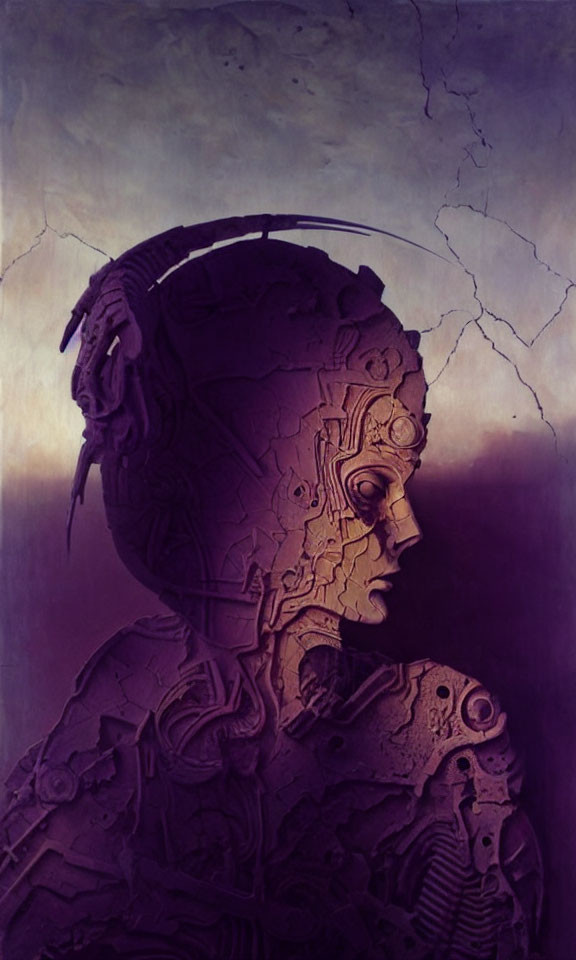 Detailed Robot Head Profile Artwork on Purple Background with Crack Patterns