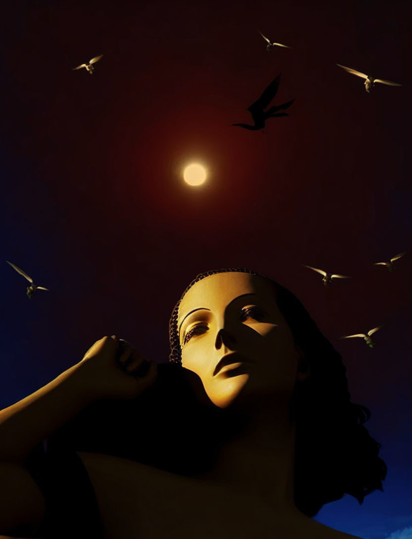 Stylized image of woman under red moon with birds