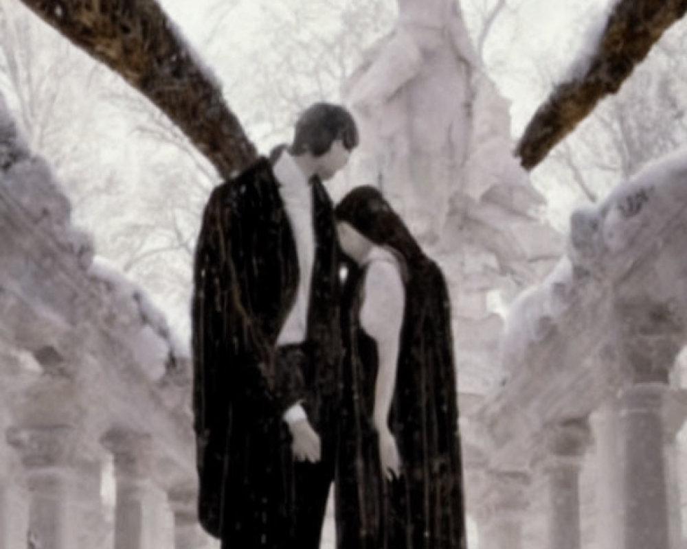 Formal couple embracing in snowy landscape with classical columns