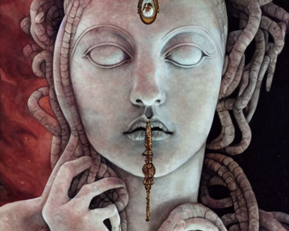 Surreal portrait of figure with snake-like hair and jewel on forehead