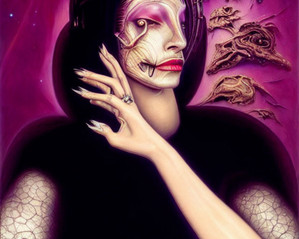 Elongated neck female figure with stylized makeup and intricate headdress against cosmic backdrop