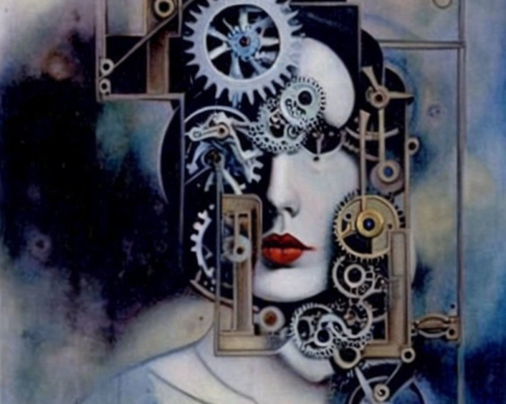 Surrealistic Female Face Painting with Clockwork Gears on Blue Background