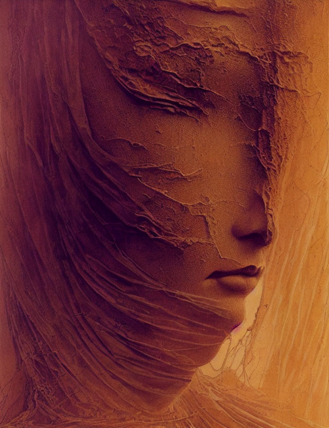 Face art with earth-like textures in warm sepia tones