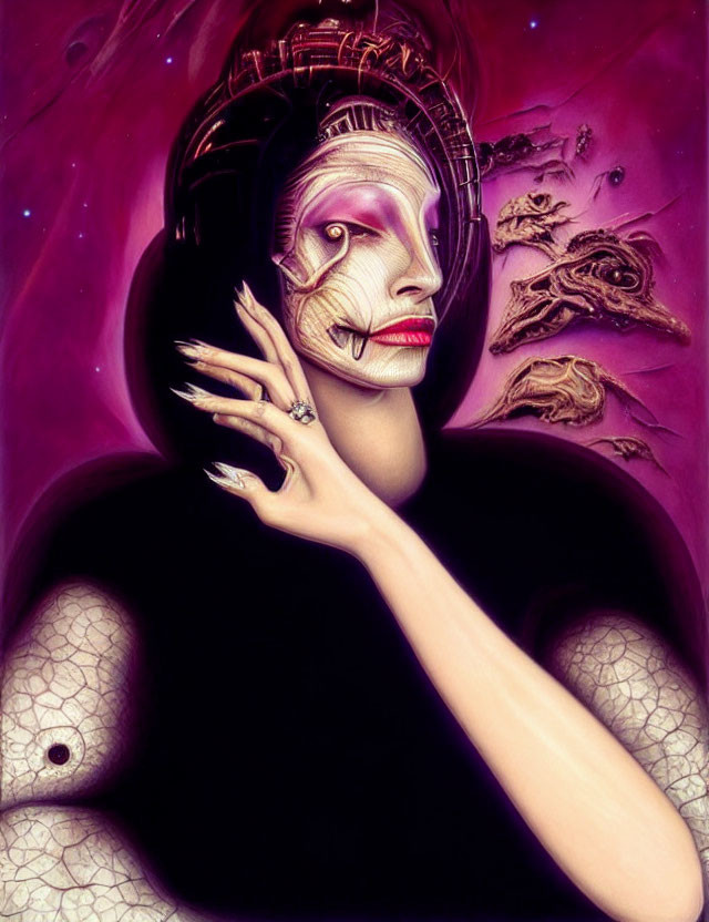 Elongated neck female figure with stylized makeup and intricate headdress against cosmic backdrop