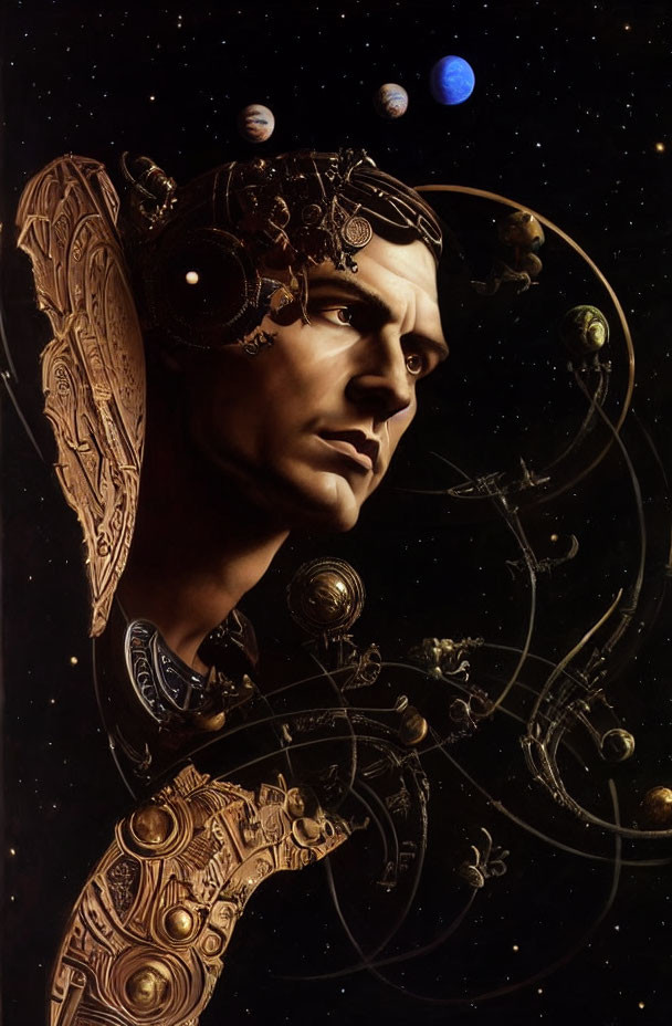 Fantastical portrait melding human profile with celestial mechanics and steampunk elements