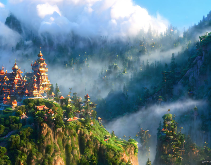 Misty mountain landscape with ornate pagodas under sun rays