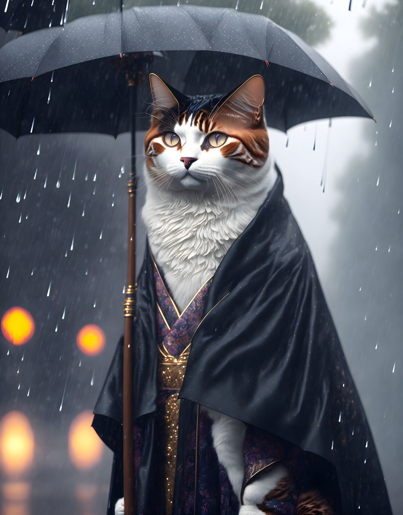 Stylized image: Cat under umbrella in rain, wearing cloak