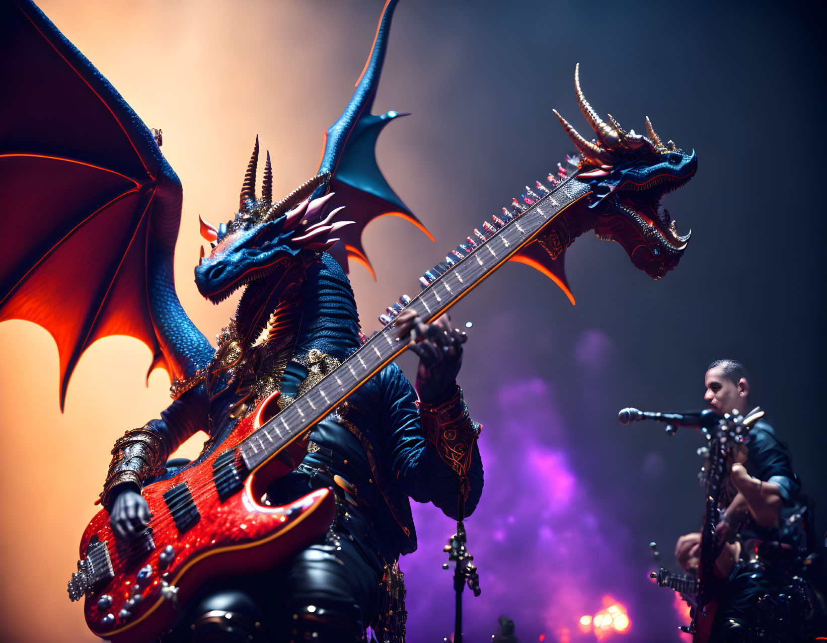 Anthropomorphic dragon playing electric guitar on stage with band member in purple lighting