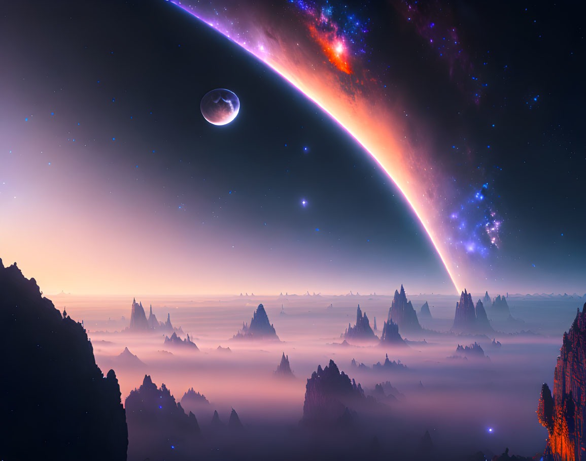 Surreal landscape with misty mountains, vibrant starry sky, planets, and cosmic nebula