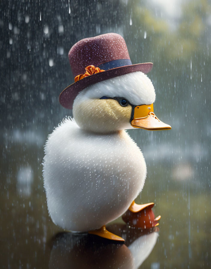 Stylish duck in maroon hat and orange bow standing in rain