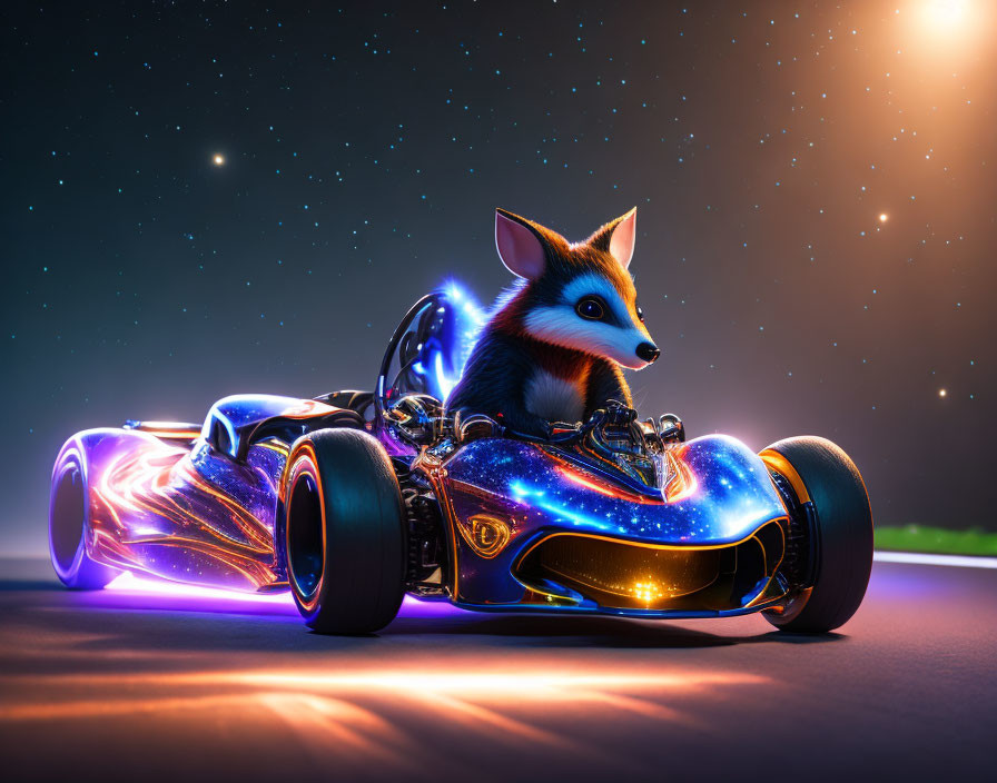 Anthropomorphic fox in futuristic go-kart races under starry sky