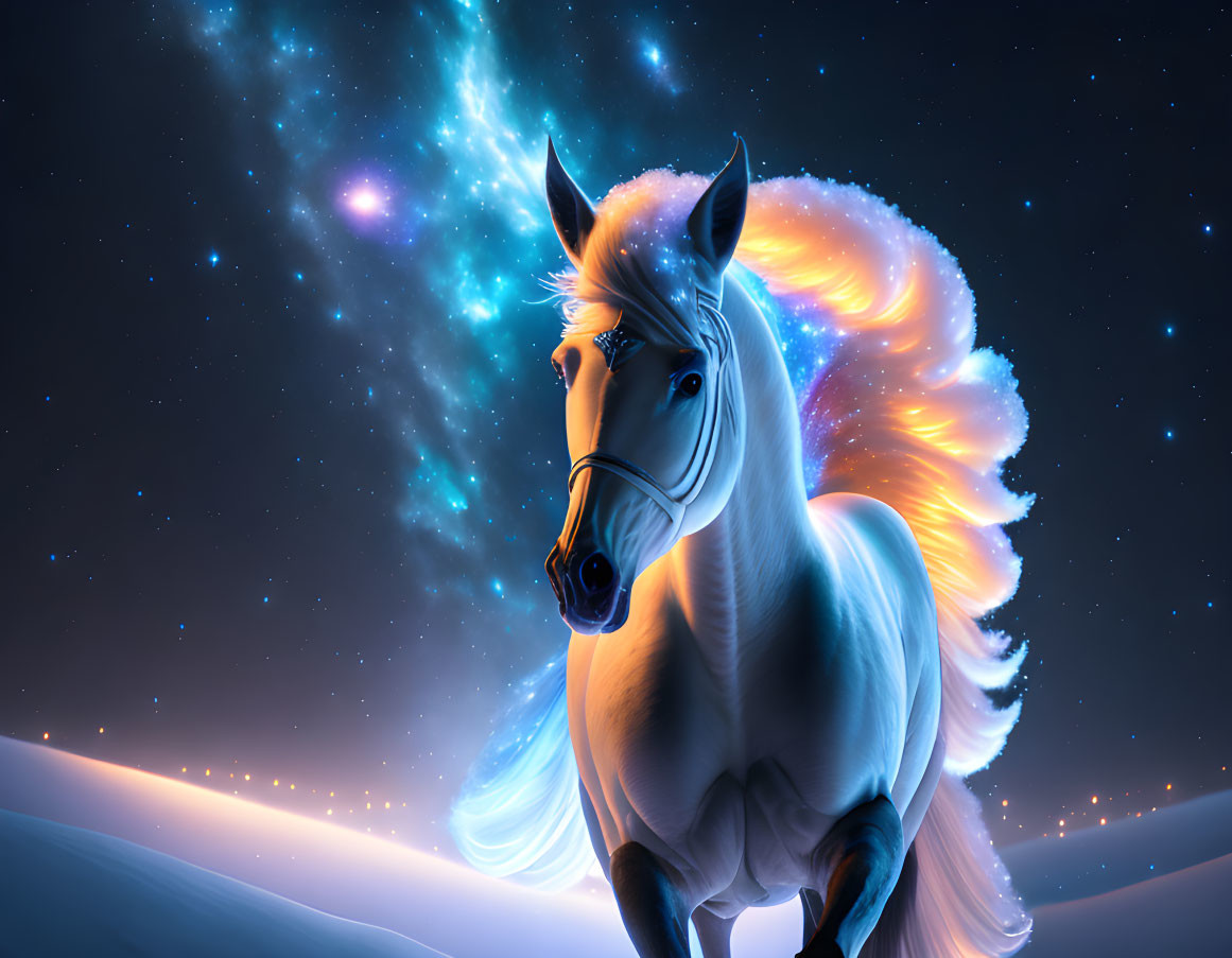 White Horse with Ethereal Mane and Tail on Starry Night Sky