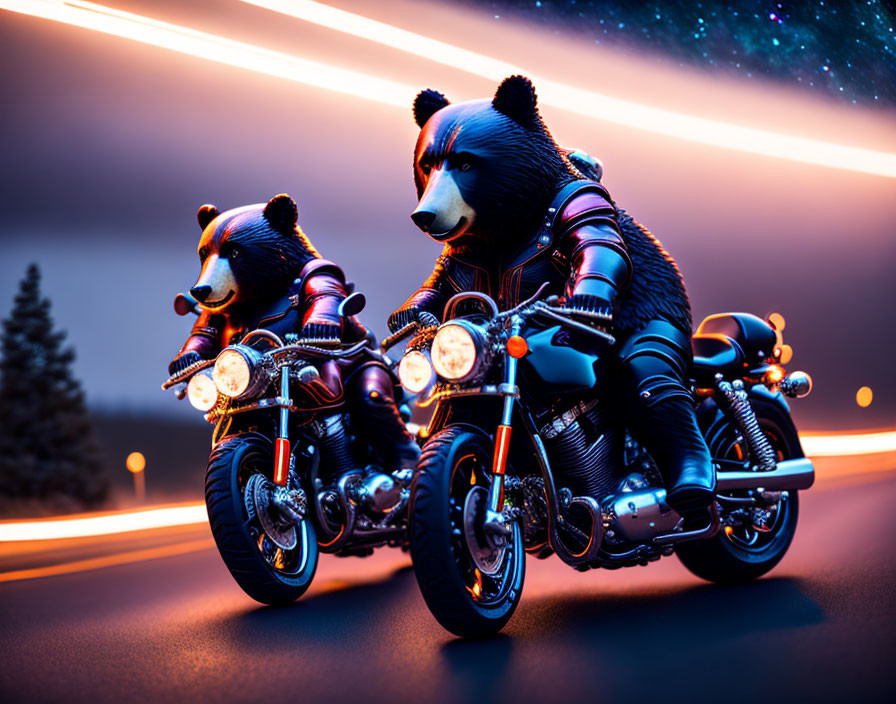 Anthropomorphic bears on motorcycles under neon lights at night