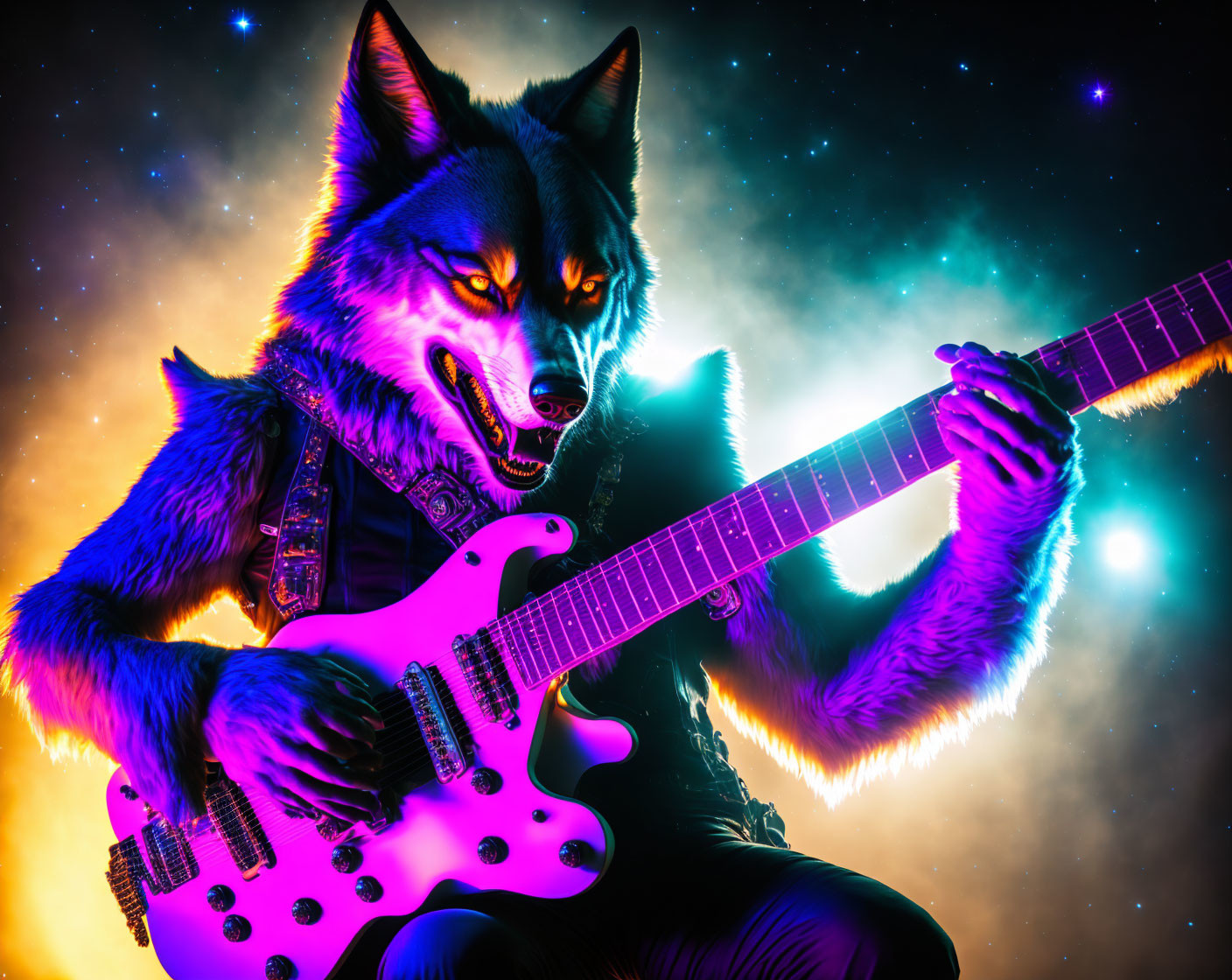 Anthropomorphic wolf playing pink electric guitar in cosmic setting