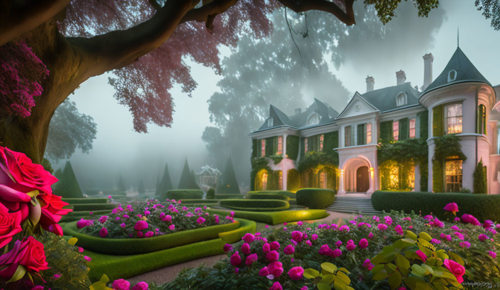 Foggy twilight view of grand manor with gardens and roses