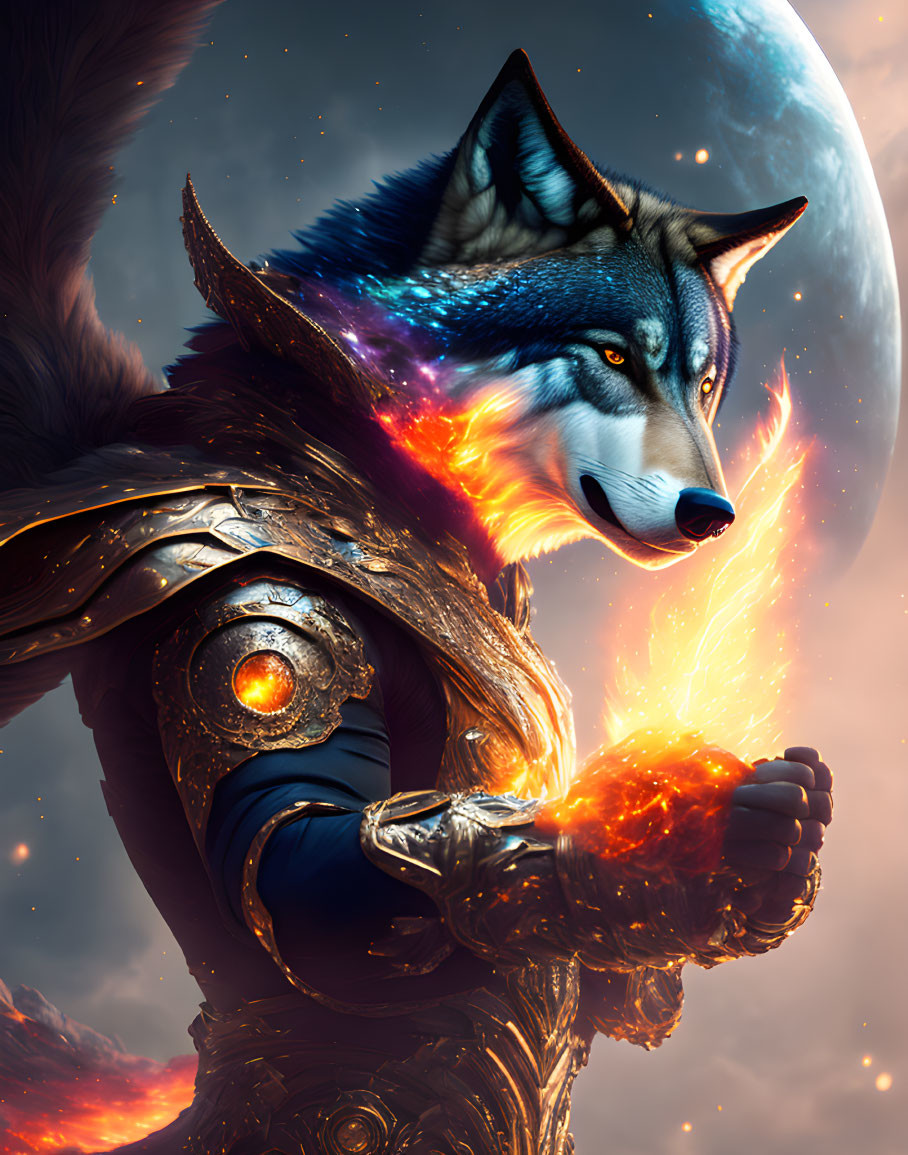 Anthropomorphic wolf in ornate armor conjures fiery orb under cosmic sky