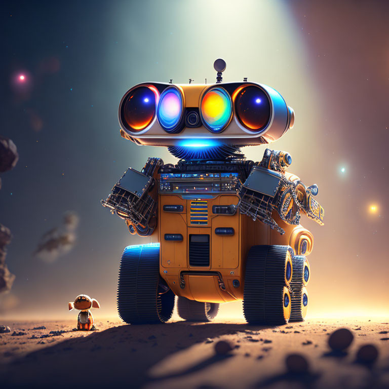 Colorful Large Robot with Multiple Optical Lenses and Small Dog-like Robot on Sandy Surface under Starry