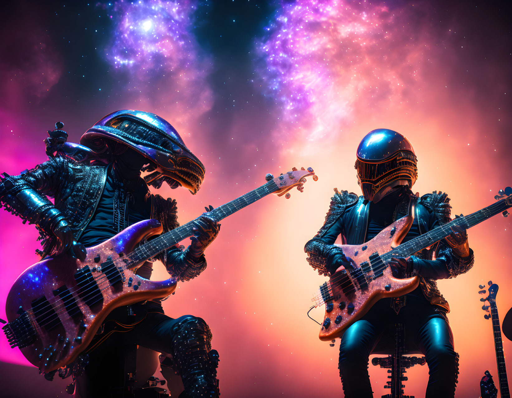 Futuristic space-themed characters playing electric guitars in cosmic setting