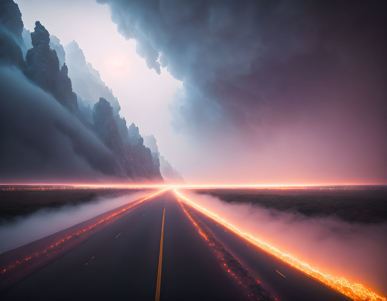 Vividly lit highway in mystical landscape with glowing sky