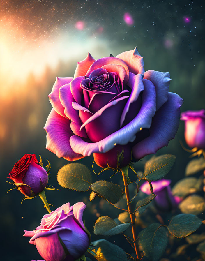 Purple Rose with Delicate Petals Among Starry Forest Silhouette