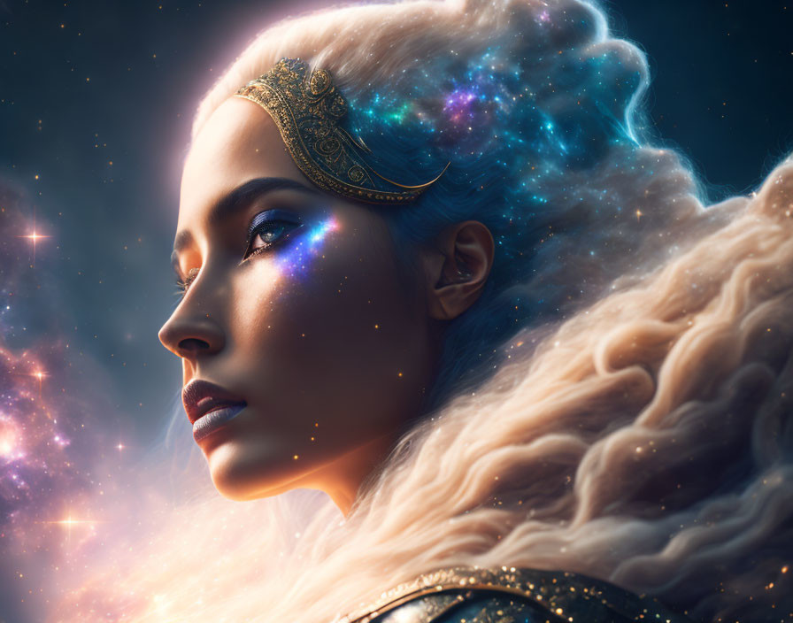 Digital artwork featuring woman with flowing hair and golden crown in cosmic setting