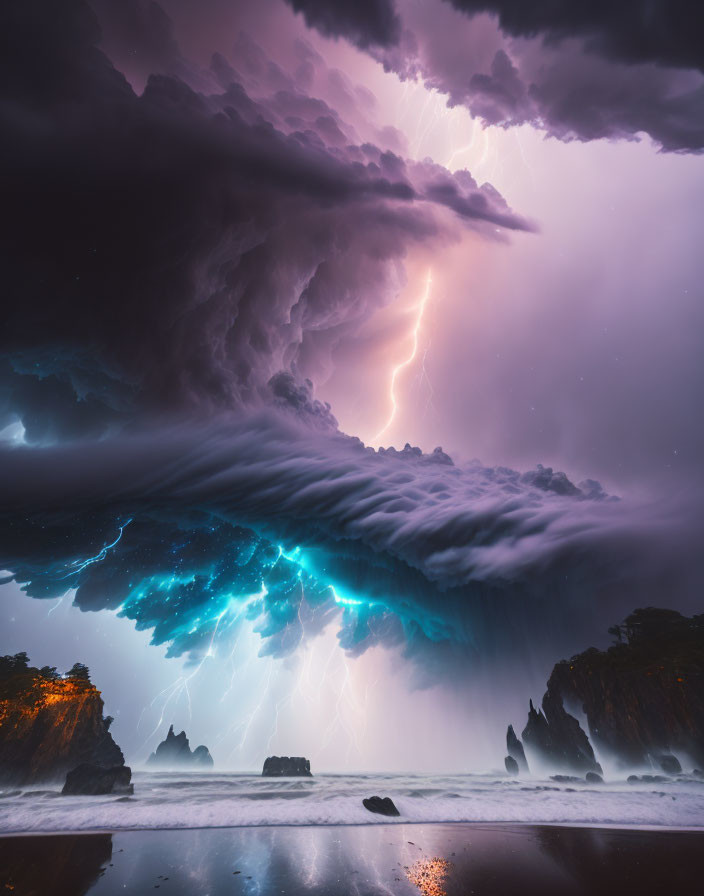 Vivid thunderstorm lighting strikes over serene beach