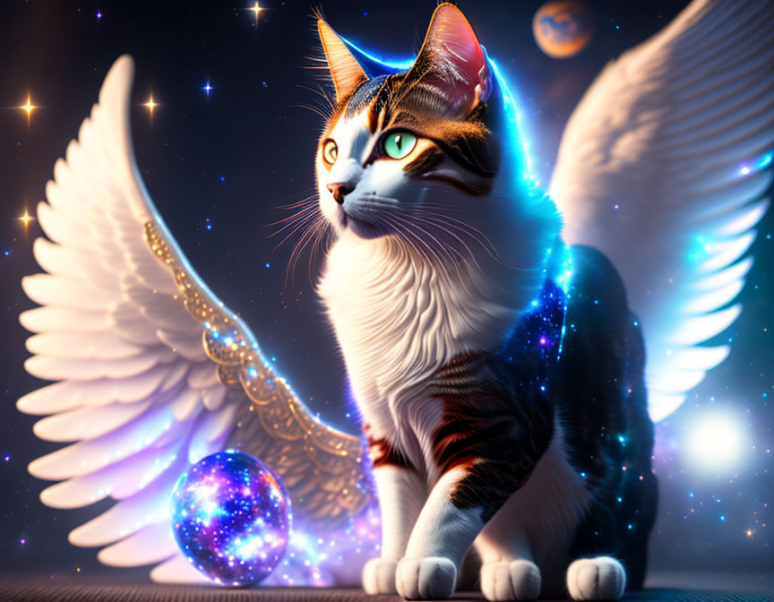 Winged cat surrounded by stars and cosmic energy