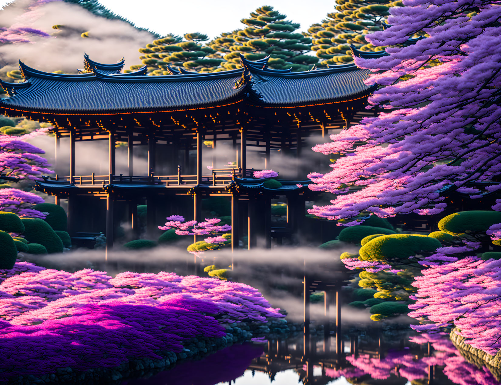 Traditional Asian Pavilion Surrounded by Pink Blossoms and Greenery