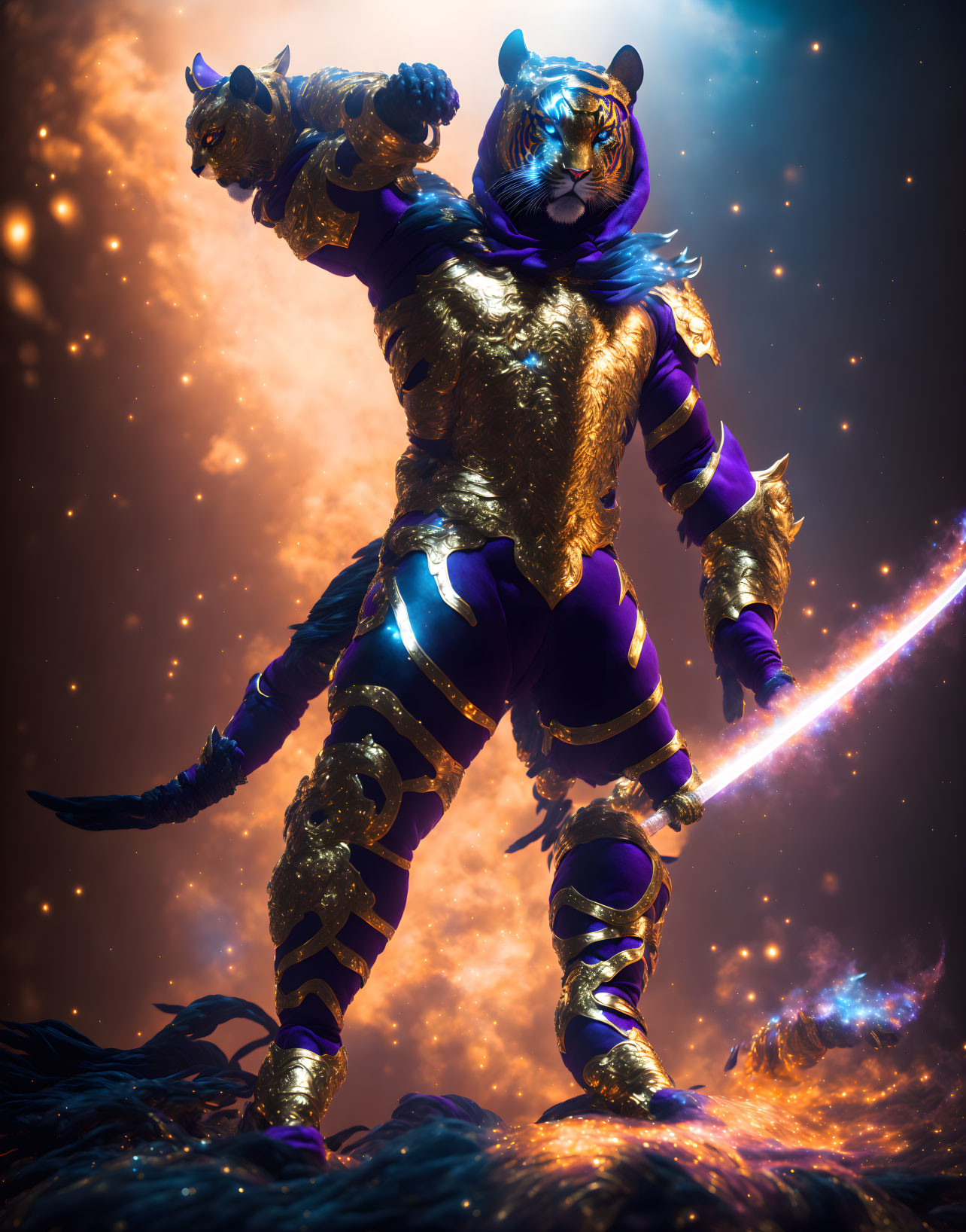 Blue-furred armored tiger humanoid in cosmic setting