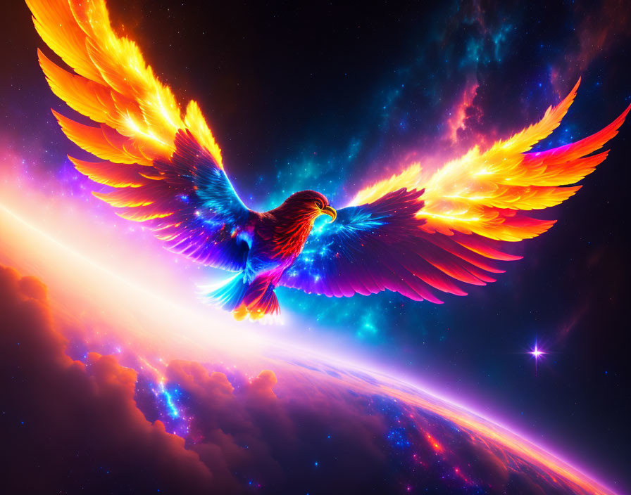 Colorful Phoenix Illustration Soaring in Cosmic Sky