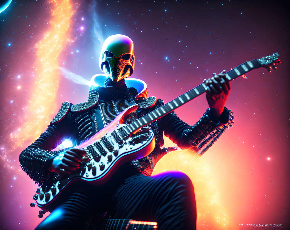 Glowing skull mask guitarist plays electric guitar in cosmic setting